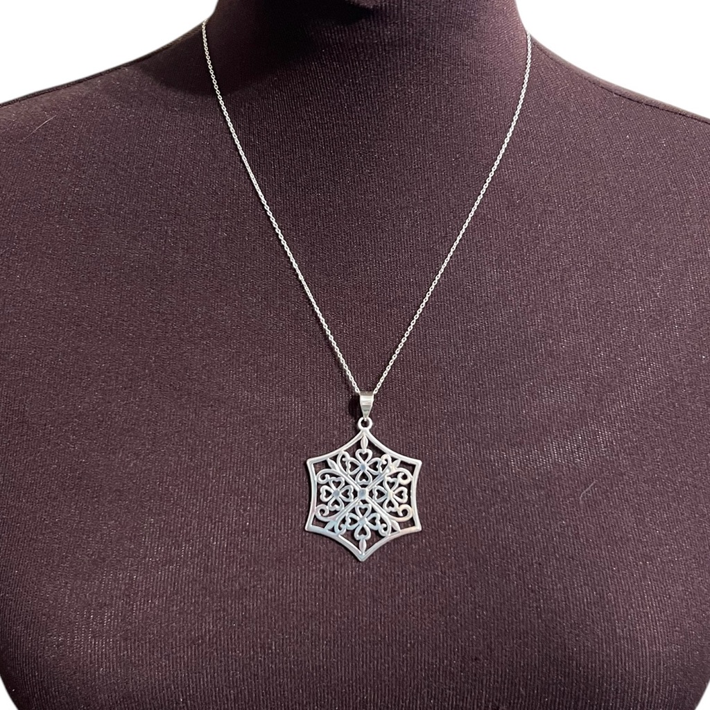 Cellini Sterling Silver 18 Heart Hexagon Pendant Necklace